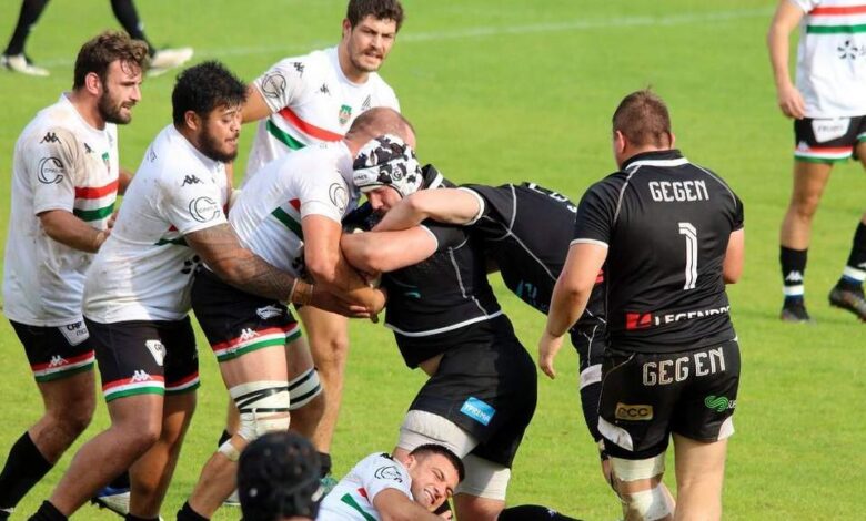 Des joueurs de rugby en maillot blanc et noir se livrent à un plaquage lors d'un match sur un terrain en herbe à Nantes. Plusieurs joueurs de Loire-Atlantique observent et se préparent à se joindre à l'action, mettant en évidence l'énergie dynamique captée par Actu44.fr.